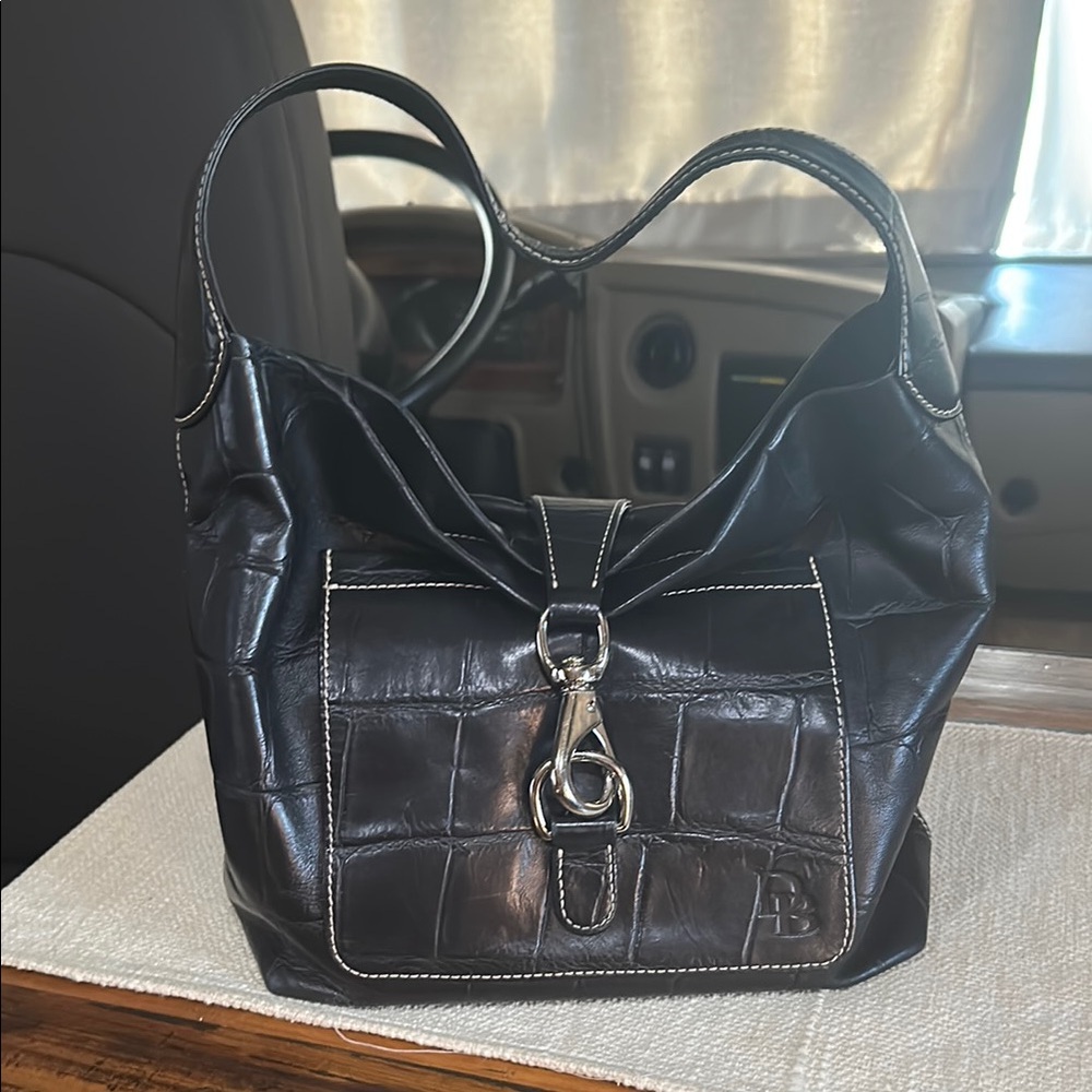 Dooney & Bourke Black Croc-Embossed Leather Shoulder Bag with Silver Hardware